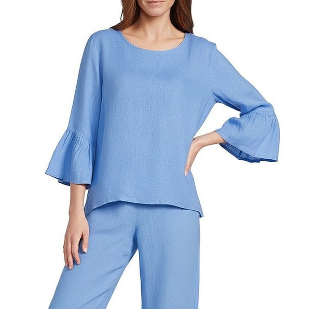 Bryn Walker Fran Tunic Linen Ruffle Bell Sleeve Blouse Top Blue Size XXL